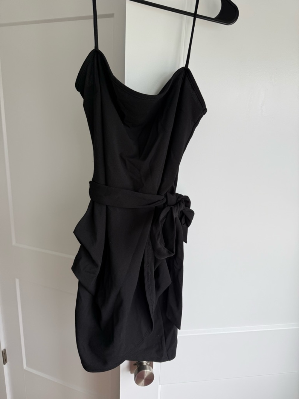 Windsor Black Draped Spaghetti Strap Mini Dress with Waist Tie